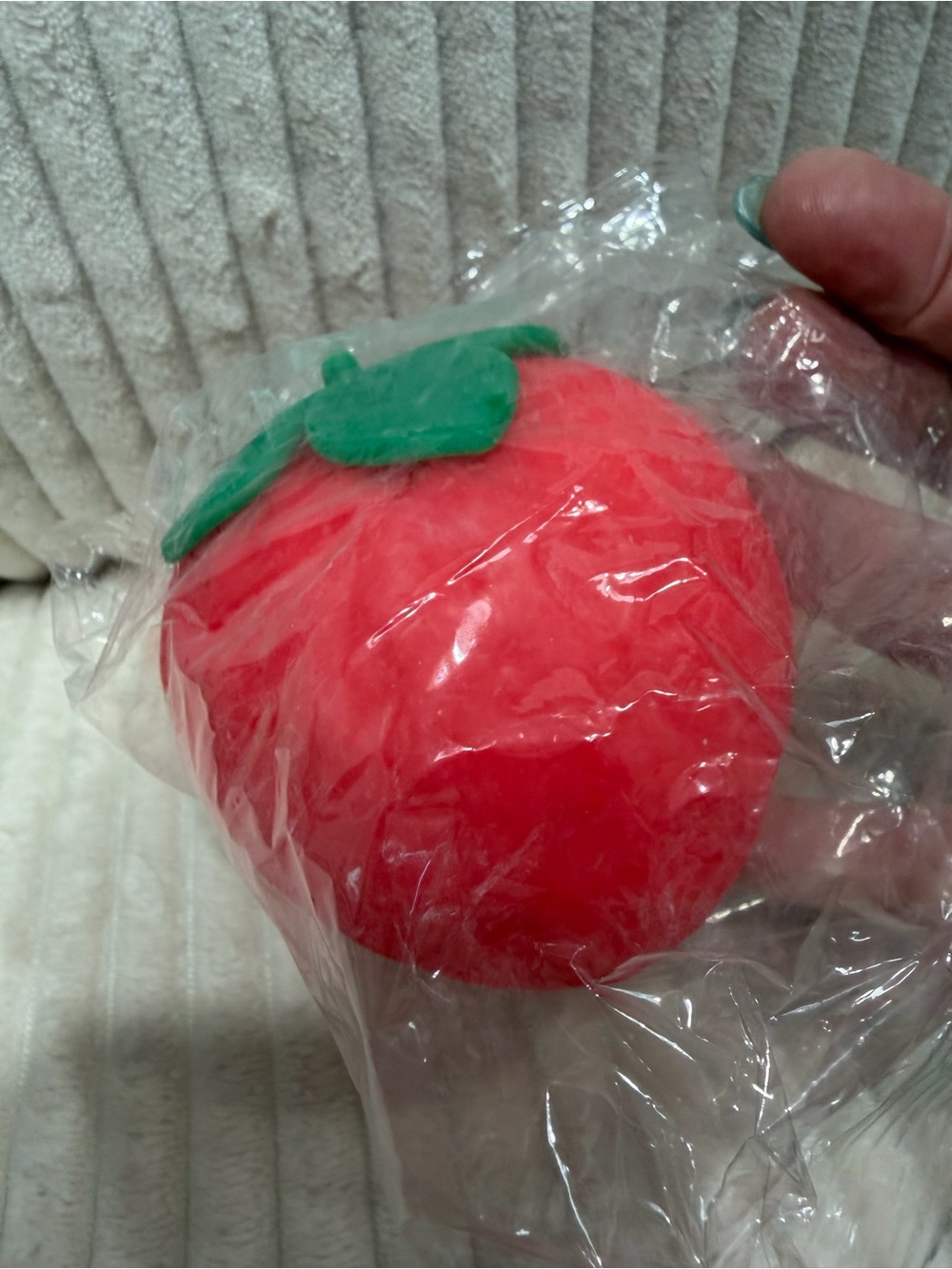 Strawberry Squishy Toy - Red with Green Leaf. New in sealed bag. No brand.